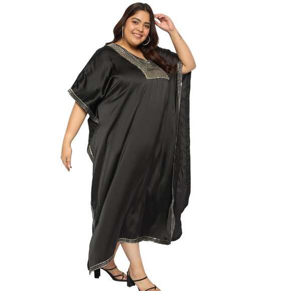 Gypsie Blu Satin Sequences Black Kaftan Dress Women Plus Size Dresses for Party - Picture 4 of 8